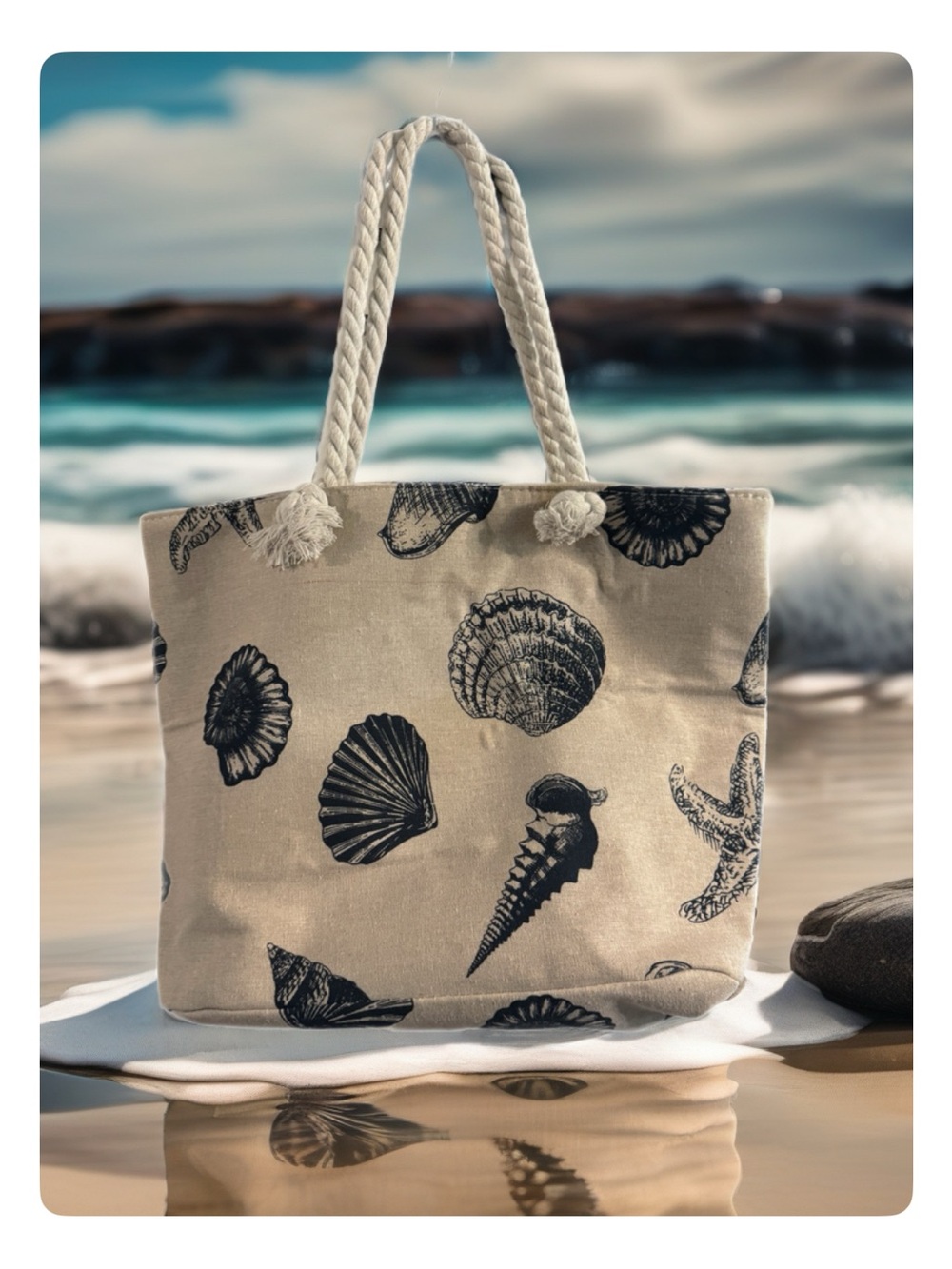 Natural Canvas Seashell Tote with Rope Handles